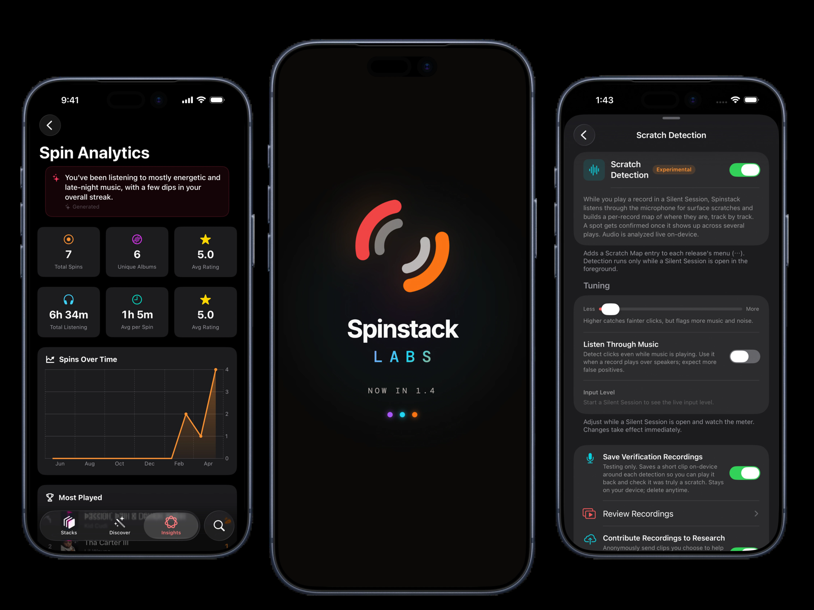 Spinstack Labs on iPhone: Spin Analytics, the Spinstack Labs splash screen, and Scratch Detection settings